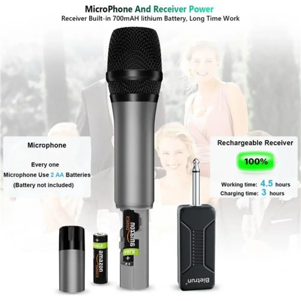 Wireless Microphone, Bietrun UHF Metal Dual Handheld Cordless Dynamic Mic System